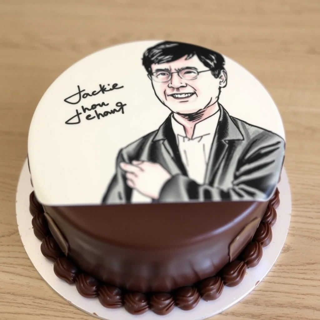 A chocolate cake with a drawing of Jackie Chan on top.