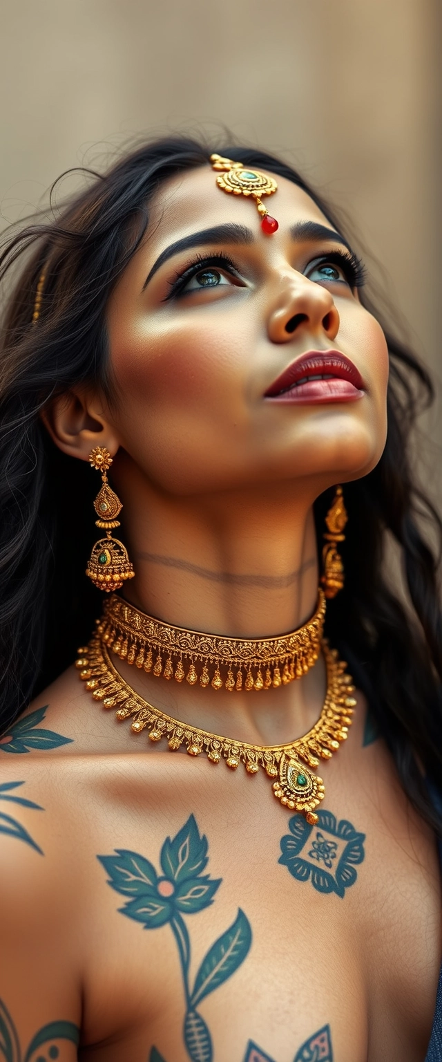 Random shot of a tattooed body of a white-skinned Indian woman with beautiful facial features and blue eyes wearing gold ornaments, looking upwards.