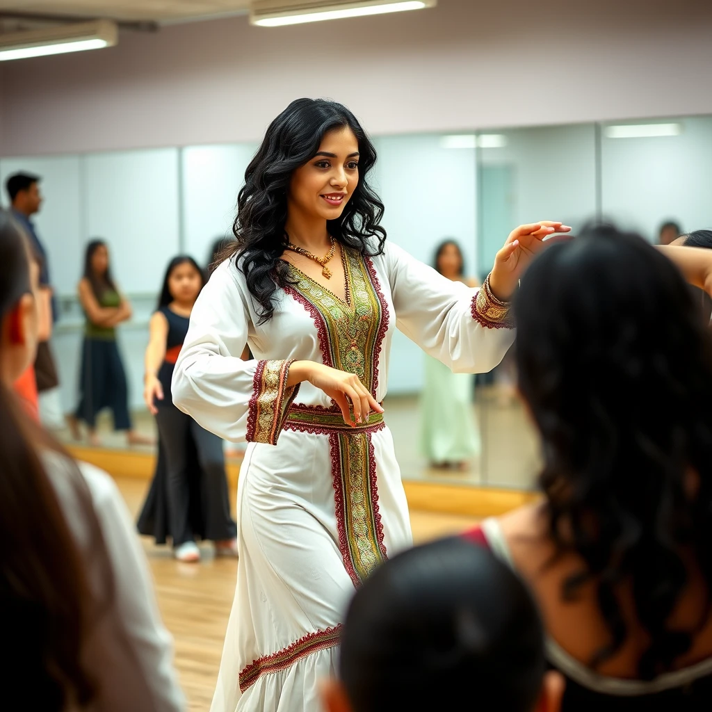 A young woman in her 20s with black wavy hair, dressed in a traditional Middle Eastern dance outfit, teaching a class in a dance studio. The studio is surrounded by mirrors, and she is demonstrating a dance move. Around her are students of various ages, attentively watching and following her movements. The atmosphere is focused and lively, with the woman confidently leading the class. The setting is bright and professional, emphasizing the teaching environment and the traditional dance.