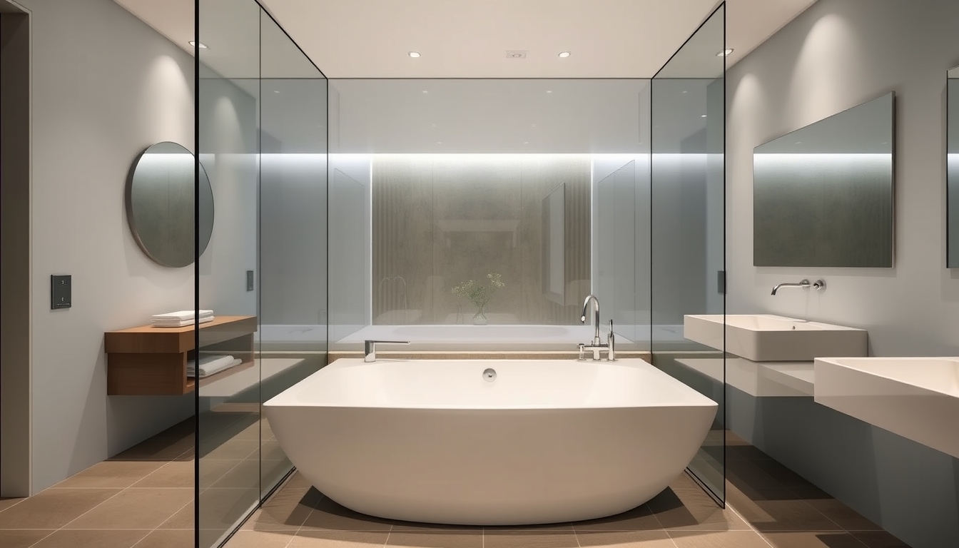 A sleek modern bathroom with glass walls and a luxurious soaking tub.