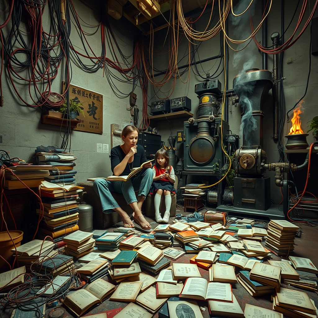 A real-life photograph, wide shot, of a tall strong woman and a girl reading books in the corner of a room. The room has some books scattered messily, and many wires of varying thicknesses are on the floor and in the air, including red, blue, yellow, and other colors. Additionally, there are some machines emitting steam and fire. The lighting is dim, and there are some plants. There are Chinese letters or Japanese letters.