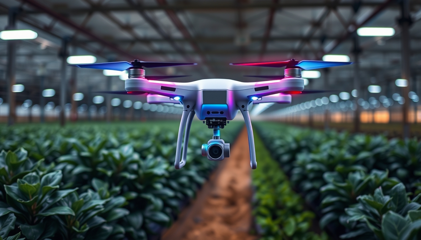 Smart agriculture with drone monitoring, representing tech-driven farming.