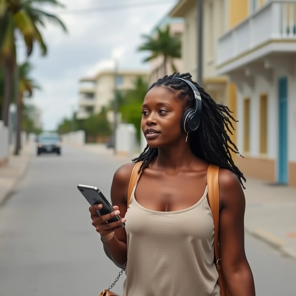 A young black woman walking on a street in Nassau, Bahamas, listening to a podcast on her phone.