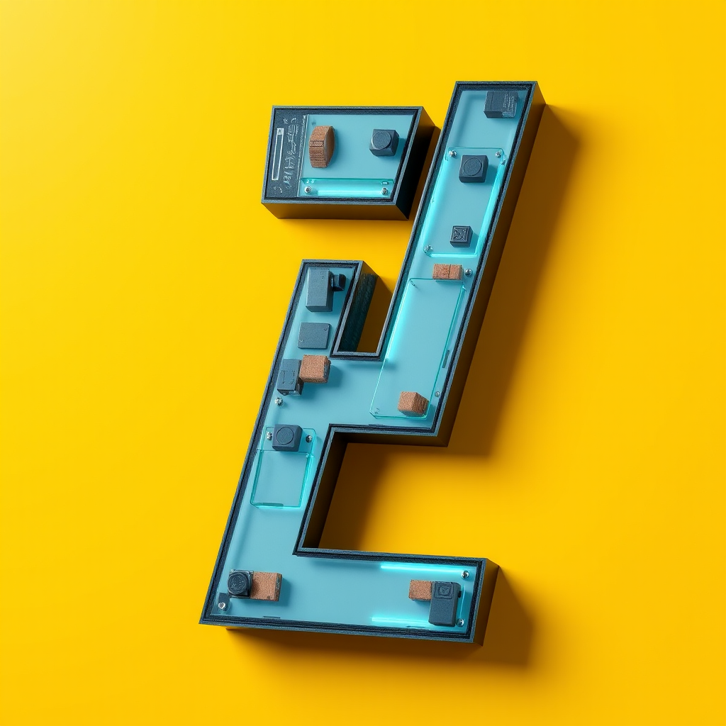 A letter "I" made of computer elements, yellow background, realistic photograph. - Image