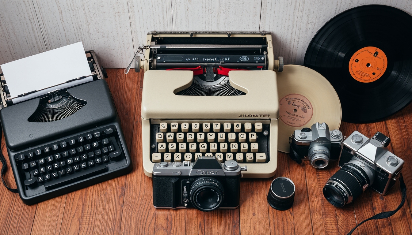 A nostalgic still life of old-fashioned items like a typewriter, vinyl records, and vintage cameras, arranged artfully on a wooden surface.