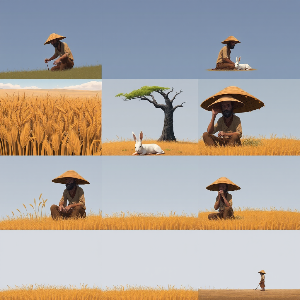 The image style is "cyberpunk," featuring an ancient farmer in a nine-cell layout. 
The characters in each scene will all use the same farmer, ensuring that the face shape and clothing remain consistent throughout.
Cell one: The farmer is harvesting wheat.
Cell two: The farmer is sitting under a tree, a rabbit is rushing by.
Cell three: The rabbit is lying on the ground.
Cell four: The farmer sits under the tree.
Cell five: The farmer sighs while sitting under the tree.
Cell six: The farmer stares blankly at the sky.
Cell seven: The crops have withered.
Cell eight: The farmer is planting seeds in the field.
Cell nine: Everything is gone.