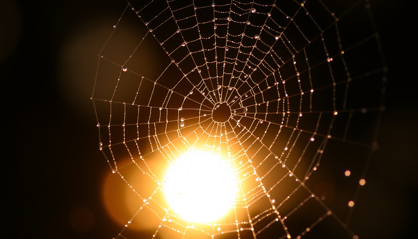 Close-up of a dew-covered spider web glistening in the morning sun, with bokeh background.