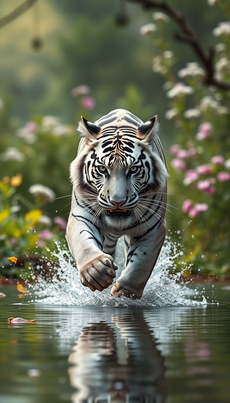 Black and white tiger on fresh background running towards water. Modern exclusive background for poster, wallpaper. 8k, high quality, high resolution, professional photography. - Image