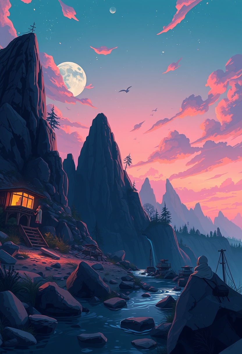 by Alena Aenami, by Mark Schultz, by __photographers__, tranquil, peaceful, serene, calm, (what lies behind the darkness:1.4), cartoon, highly detailed and hyper surrealistic, perfect composition, harmonic colors, dramatic lighting, low angle panoramic view, tilted horizon