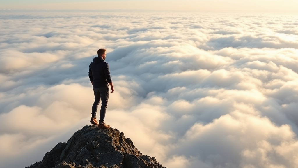 A man standing on top of a mountain, looking out over the sea of clouds, by Carlo Mense, art photography, Shutterstock contest winner, walking above the clouds and fog, wanderer above the sea of fog, among the clouds, rise above clouds, a wanderer on a mountain, upon the clouds, standing on mountain. - Image