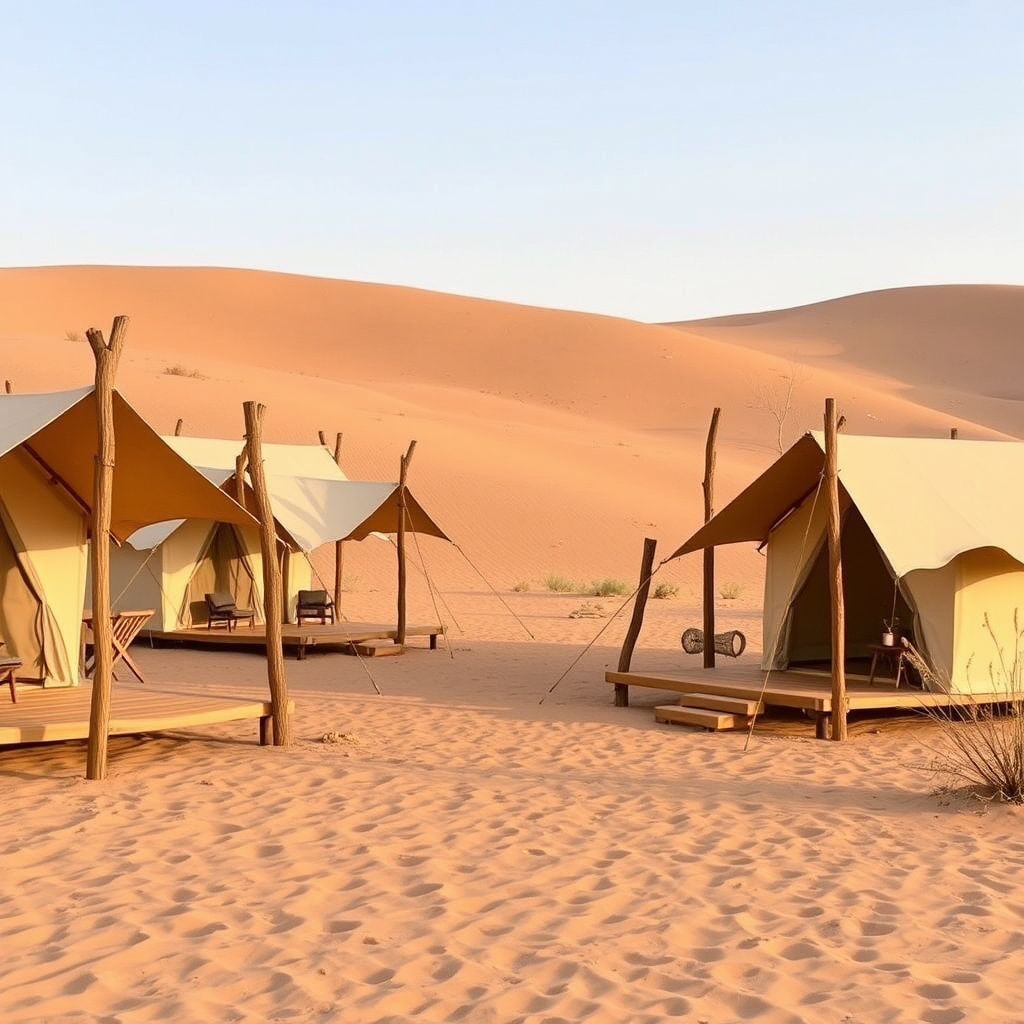 A lodge inspired by desert sand dunes with tents and wooden posts, featuring a desert landscape.