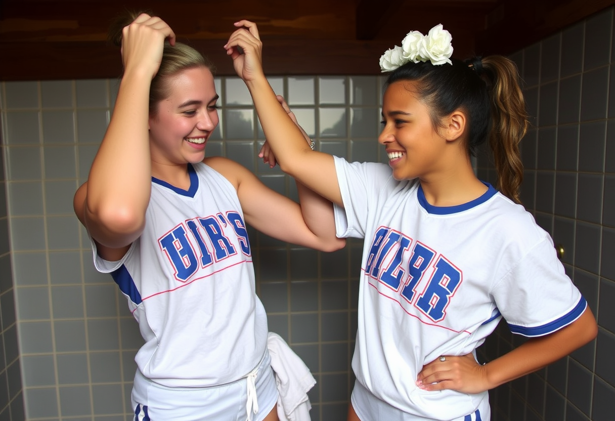 A cheer camper impishly helps her bunkmate get ready so they can both take a post-practice shower, intimate, blossoming. - Image