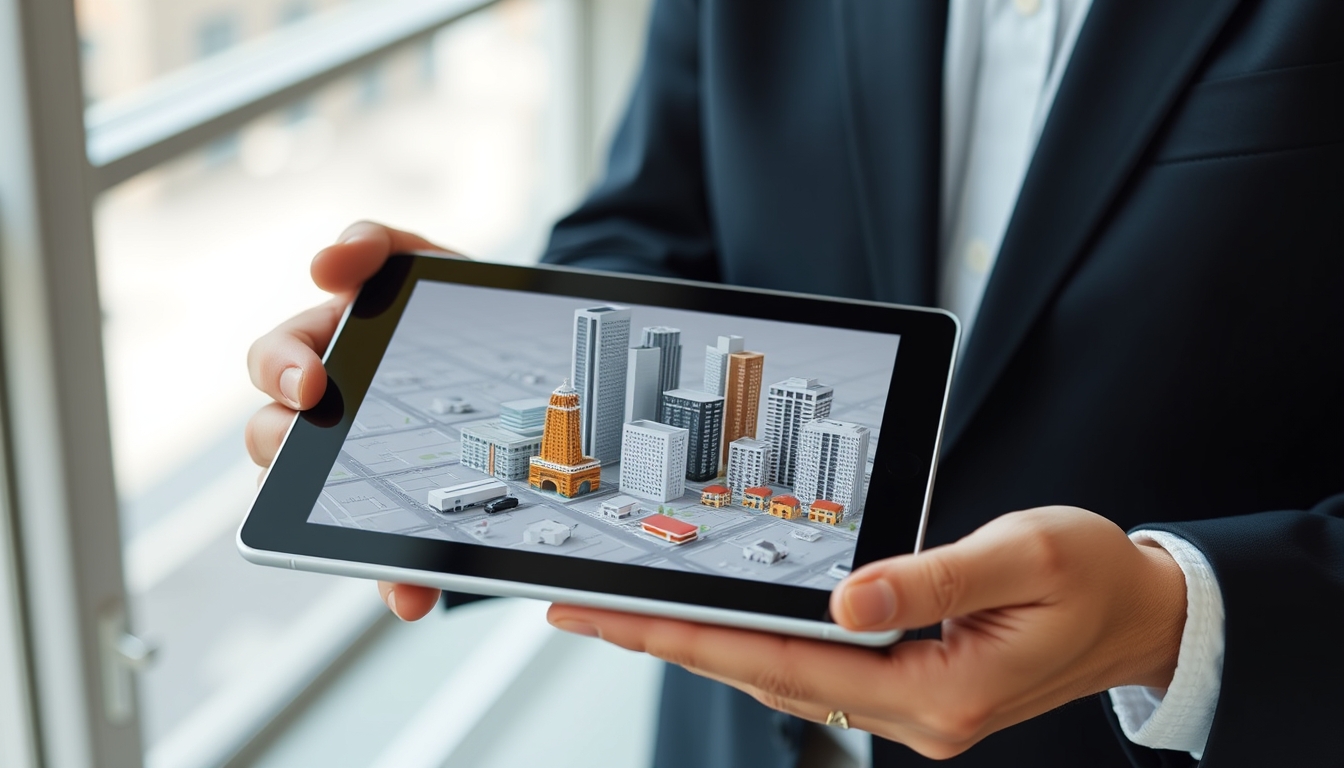 A Real Estate Agent Holding an iPad with a City Model on the Screen