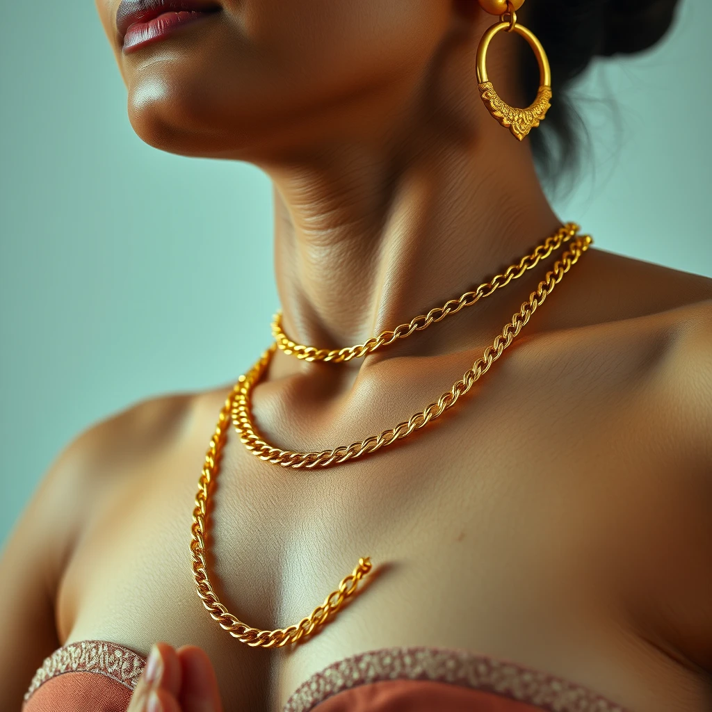 Close-up view of the neck of a godly, highly muscular, tall, strictly fair-skinned Indian woman wearing gold chains around her waist, breast, and neck while doing a yoga pose.