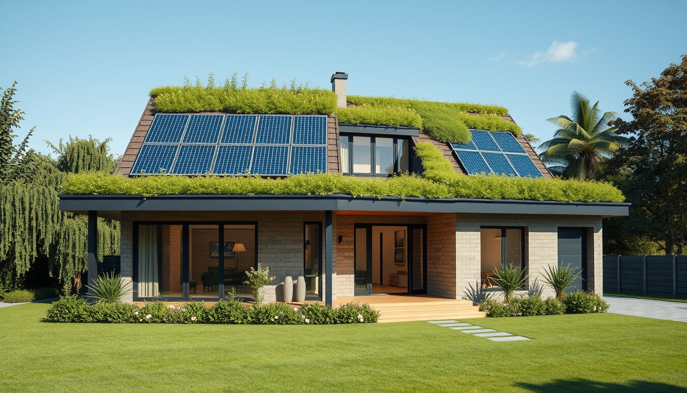 Modern eco-friendly house with solar panels, green rooftop, and sustainable materials. - Image