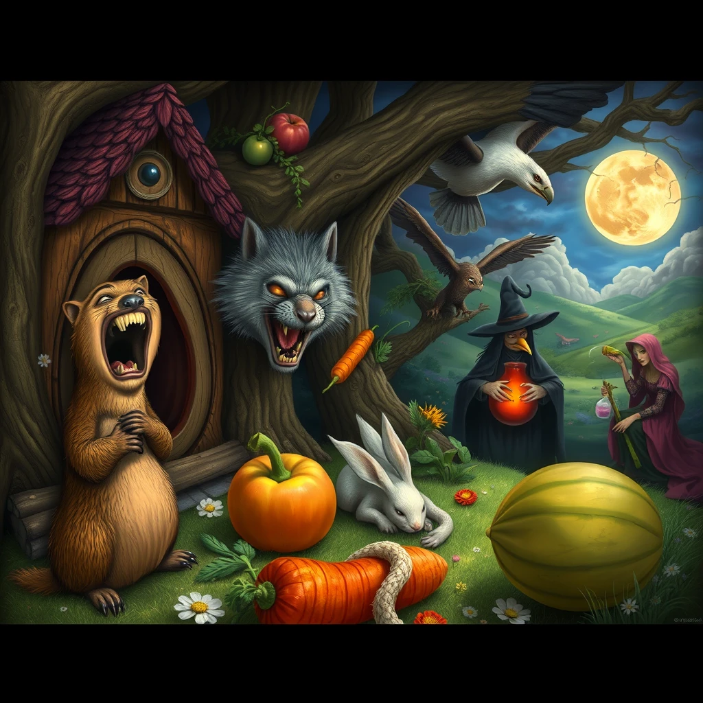 A richly intricate fairy-tale scene, with a nearby screaming groundhog, a suffering big bad wolf, an apple about to eat a rabbit, a carrot sleeping peacefully, a terrifying eagle clutching a cantaloupe, and in the distance, an evil witch tasting her own potion. - Image