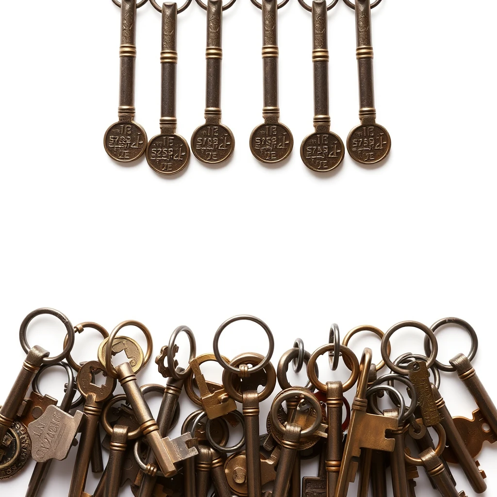 'keys, a lot of keys fall, from top to bottom, white background' - Image