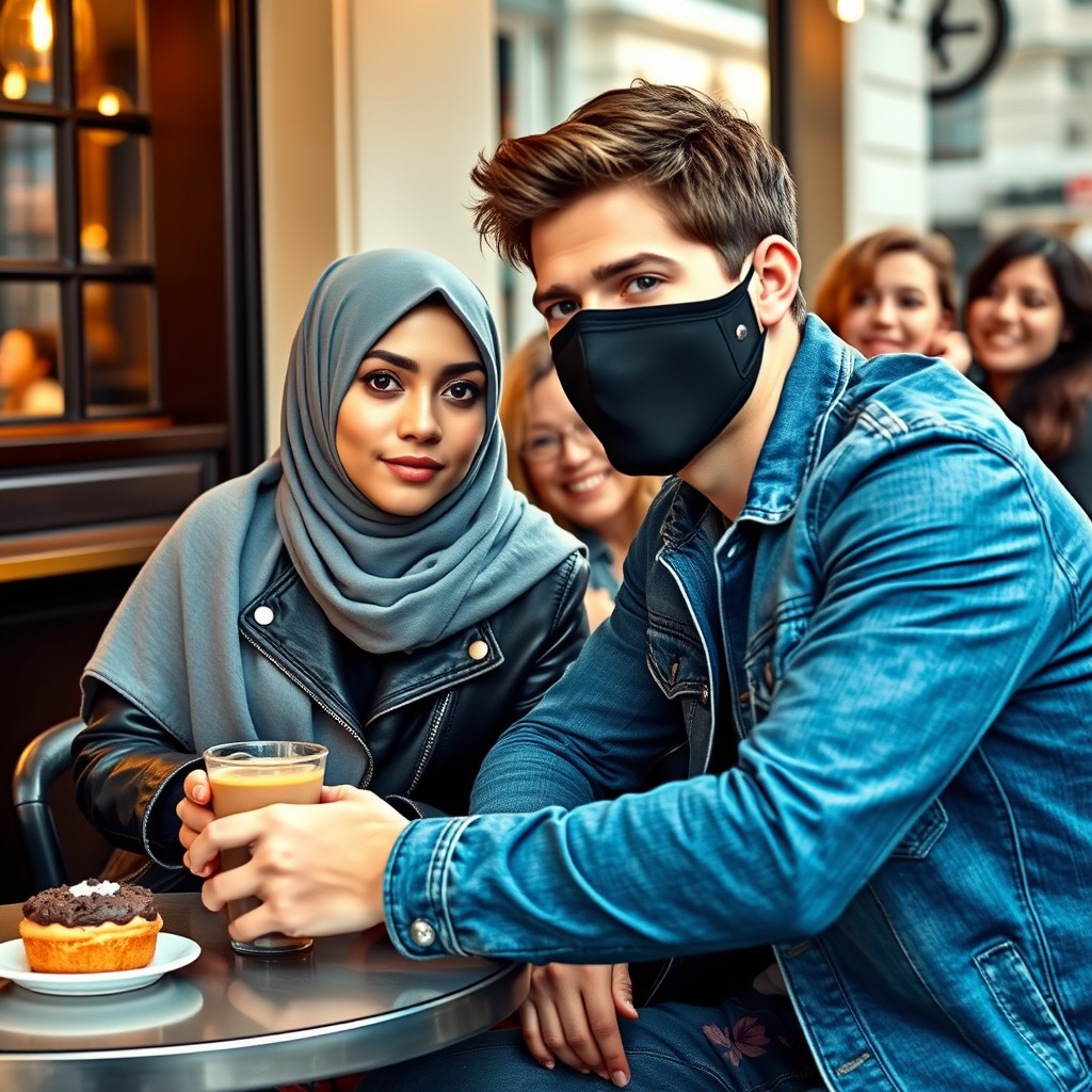 Jamie Dornan's head and body shot, handsome, black face mask, blue jean jacket, jeans, dating a Muslim girl in a grey hijab, beautiful eyes, black face mask, black leather jacket, largest floral skirt, at a café, 2 cups of latte, muffin cake, chocolate donut on a table, with another 4 friends smiling in the back, photorealistic, hyper-realistic, street photography, selfie. - Image