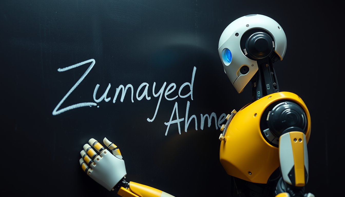 A robot writing on a blackboard in a signature style that says "Zunayed Ahmed," with cinematic lighting, HD quality, next-gen technology, and vibrant colors.