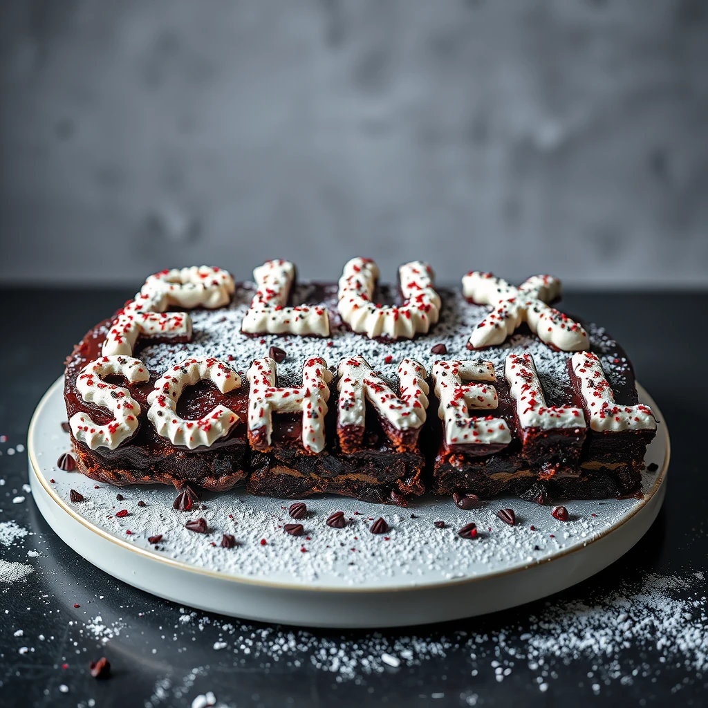 Black Forest gateau cake spelling out the words "FLUX SCHNELL", tasty, food photography, dynamic shot.