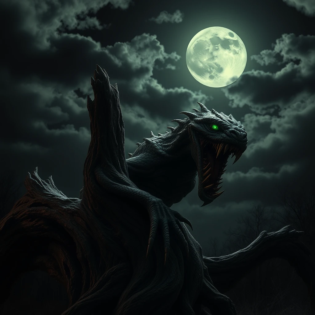 Imagine an eerie, moonlit night, with dark clouds scudding across a black sky like ravenous predators. In the foreground, a twisted, nightmarish creature stirs, its body coiled around a gnarled tree trunk like a living serpent. The air is heavy with malevolent energy as the beast's eyes glow with an otherworldly green light, casting an unnatural illumination on the surrounding darkness.

In this image, you can see every detail of the creature's grotesque form: razor-sharp claws, scaled skin that seems to shift and writhe like living shadows, and a twisted, elongated head that appears to be contorted in a perpetual scream. Eerie, unsettling, dark, grotesque, suspenseful.