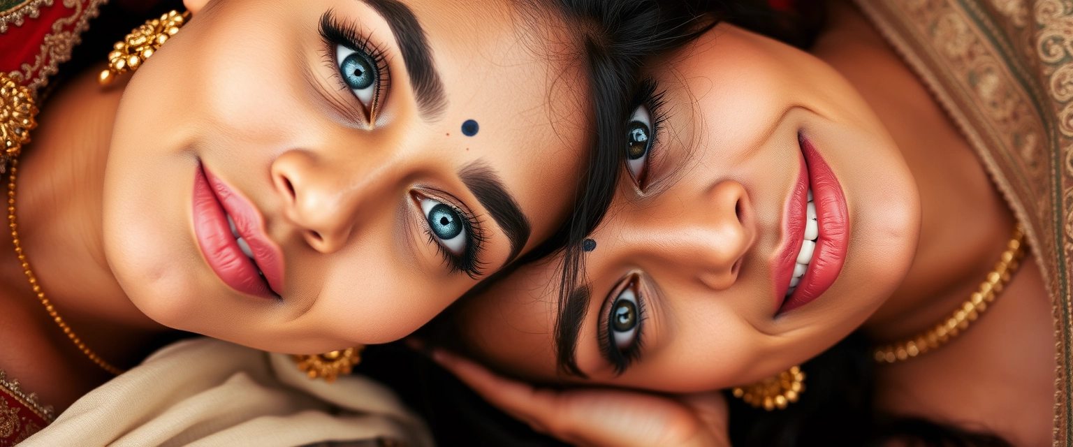 Indian women with beautiful facial features and blue eyes lying down.