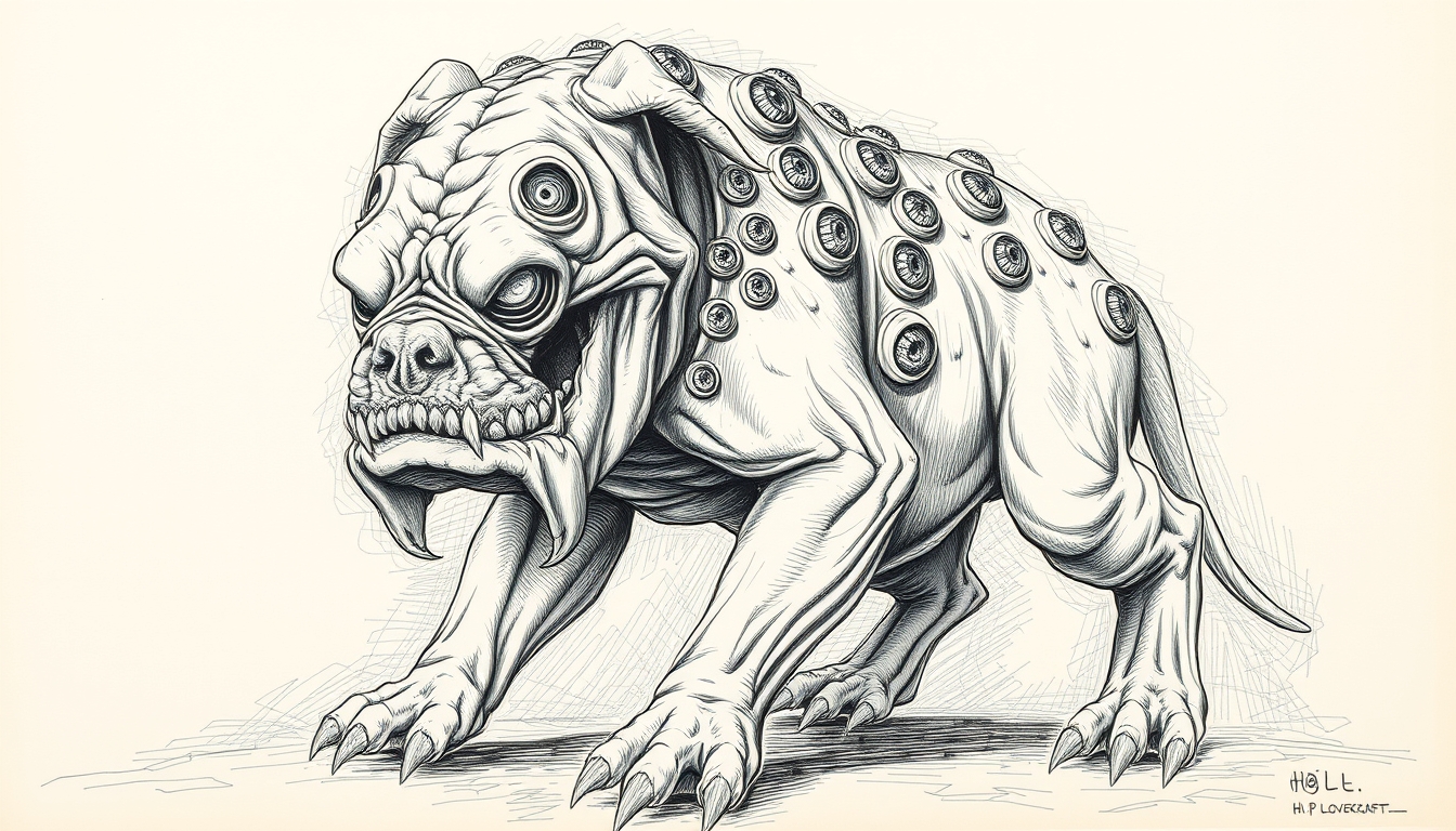 Horror monster created by H.P. Lovecraft drawing, bulldog with his head and body covered in many eyes, full body, raw drawing.