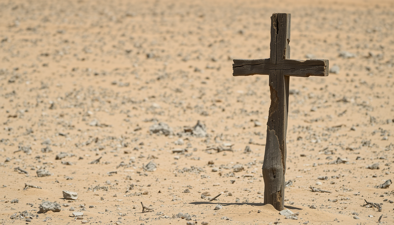 An old wooden cross in the middle of a barren desert. The cross is standing upright on the right side of the image. The cross is falling apart and is made of badly fungal damaged dark wood and appears to be cracked and crumbling. The overall scene is desolate.