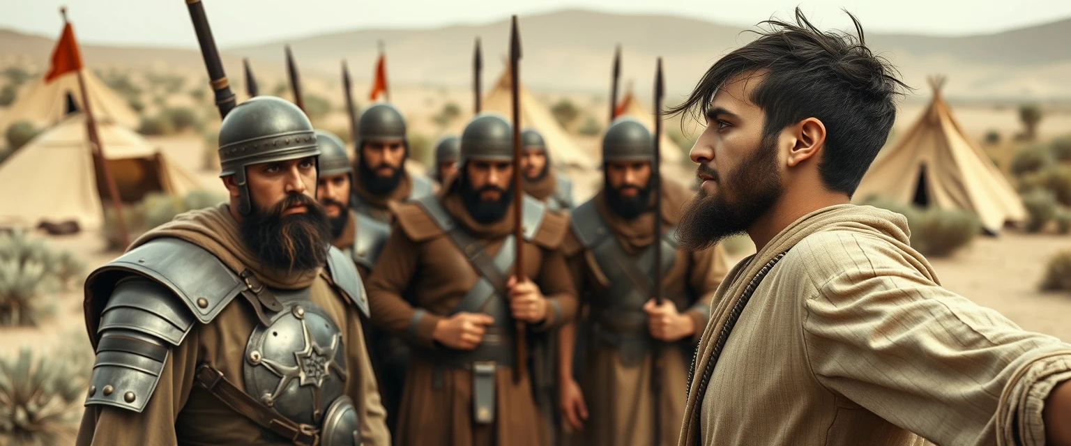 Create a scene of two men facing each other and staring into each other's right eye. The man on the right is a young Jewish man in his mid-20s, dressed as a simple shepherd with his arms stretched out to the sides. He has dark, messy, unkempt hair and a beard, and looks shocked. The man on the left is a slim Jewish man in his mid-30s with a Jewish beard, wearing only a simple biblical-era Israelite armor. A group of four ancient biblical-era Israelite soldiers is crowding around the man on the left. In the background, there are Arabic army tents pitched on a desert shrub land. The overall mood of the image is one of anxiety and concern.