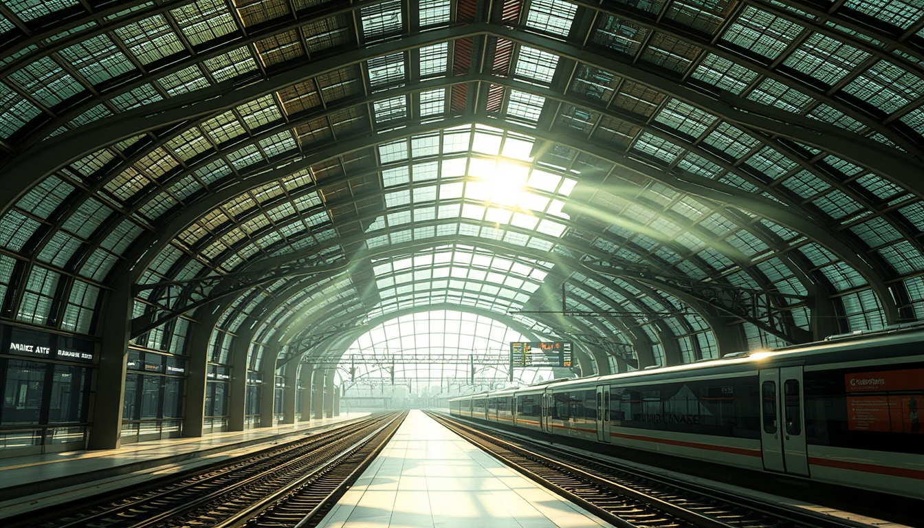 A futuristic train station with glass ceilings and walls, sunlight streaming in. - Image