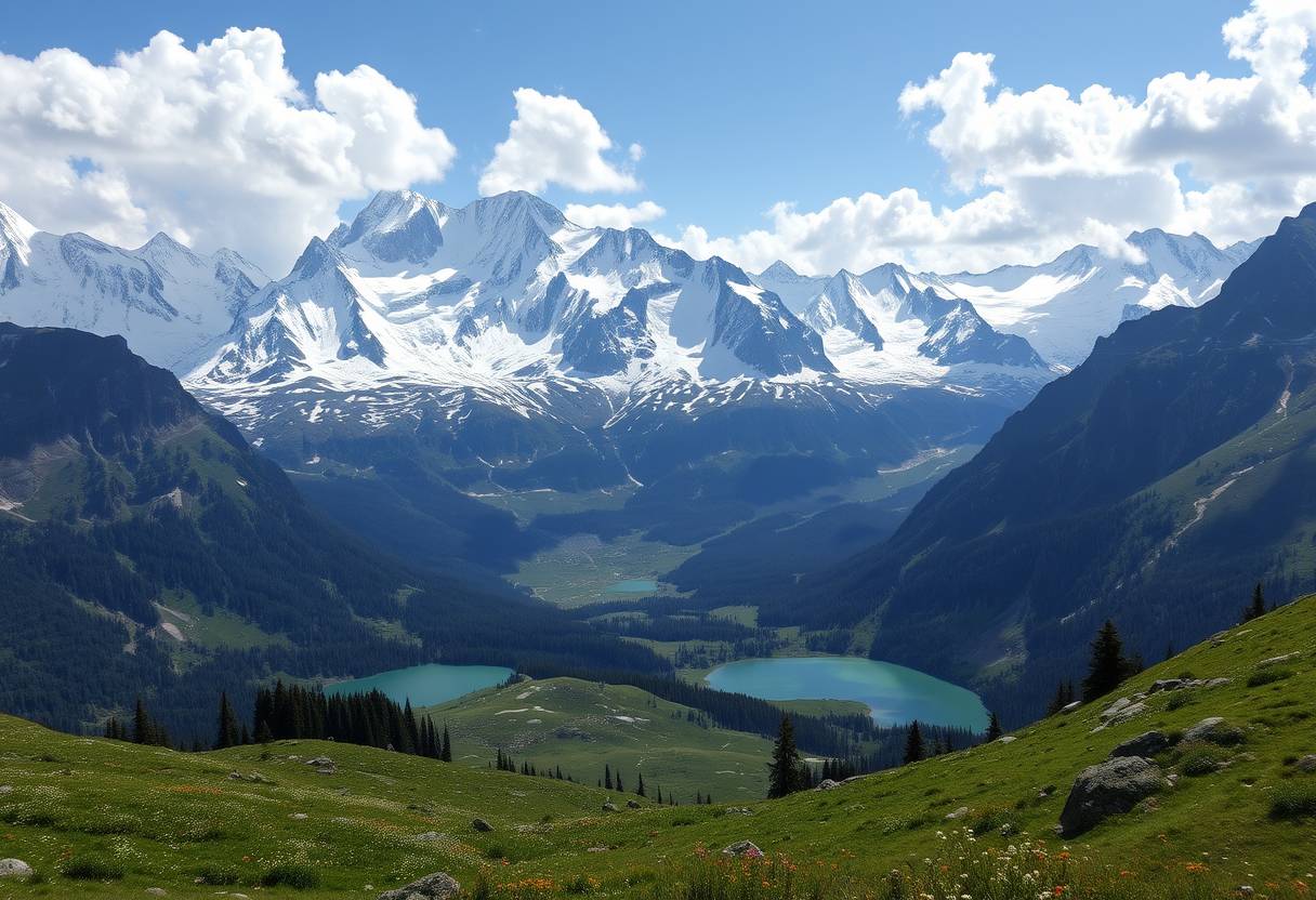 Majestic, snow-covered peaks, alpine meadows, serene, high quality, photorealistic, mountain range, crystal-clear lakes, untouched wilderness, panoramic, breathtaking, nature's beauty::0.8 mountaineering, hiking trails, wildflowers, mountaintop vistas, glaciers, fresh mountain air. - Image