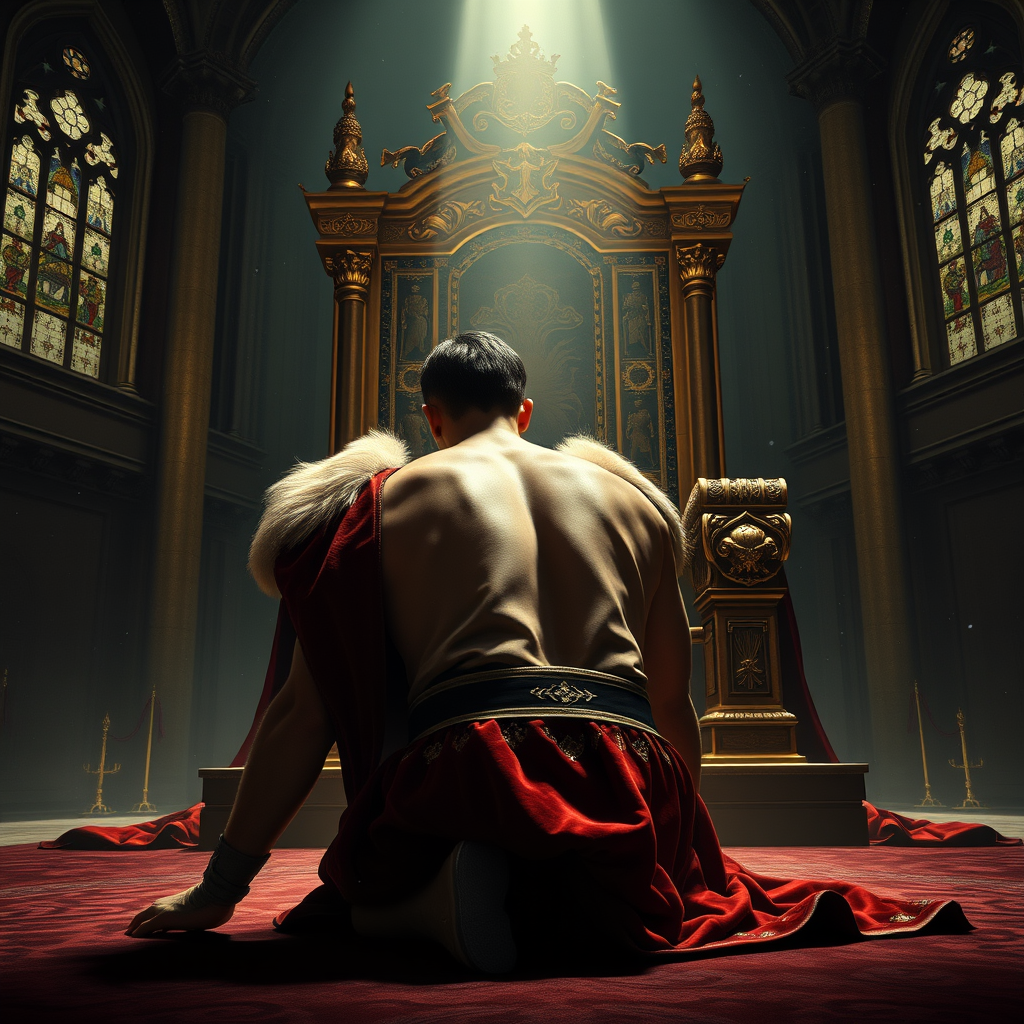 Main Character: A handsome and muscular king with short, dark hair and a chiseled jawline, wearing an intricately embroidered, velvet and ermine-trimmed crimson robe, is positioned on all fours, his head bowed to the ground in a posture of utter submission and fear. His body trembles slightly, conveying his apprehension and vulnerability. He is facing away from the viewer, his back and the crown on his head visible.  
Background: The immense golden throne dominates the scene, its towering presence casting a long, ominous shadow over the king. The throne is ornately carved with intricate details of mythical creatures and symbols of power. The setting is a dimly lit, vast hall with soaring stone arches and stained-glass windows, hinting at the grandeur and power of the kingdom. Dust motes dance in the single ray of light that illuminates the king from above.  
Visual Style: Photorealistic, dramatic lighting with a focus on the interplay of light and shadow, creating a somber and oppressive atmosphere. The color palette is rich and deep, with the gold of the throne contrasting sharply with the dark, muted tones of the hall and the king's robe. The overall composition should evoke a sense of power, fear, and the weight of responsibility. - Image