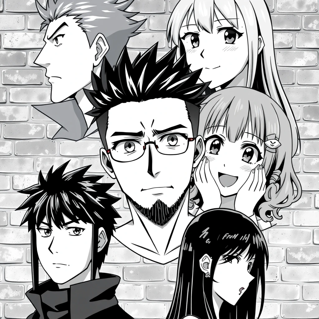 Anime-style black and white collage of five characters against a brick wall background. Top-left: man with short, spiky hair facing right, stern expression. Top-right: woman with long straight hair facing left, surprised expression with hands on cheeks. Bottom-left: woman with very curly hair facing right, cheerful expression with one hand near her face. Center: bearded man with short, messy hair facing forward, serious expression. Bottom-right: woman with long dark hair facing left, profile view, neutral expression. All characters are close-up headshots. Monochrome style with strong contrasts. Varied facial expressions and hair styles. Characters arranged in asymmetrical composition filling the frame. Detailed anime eyes and features, sharp line work.