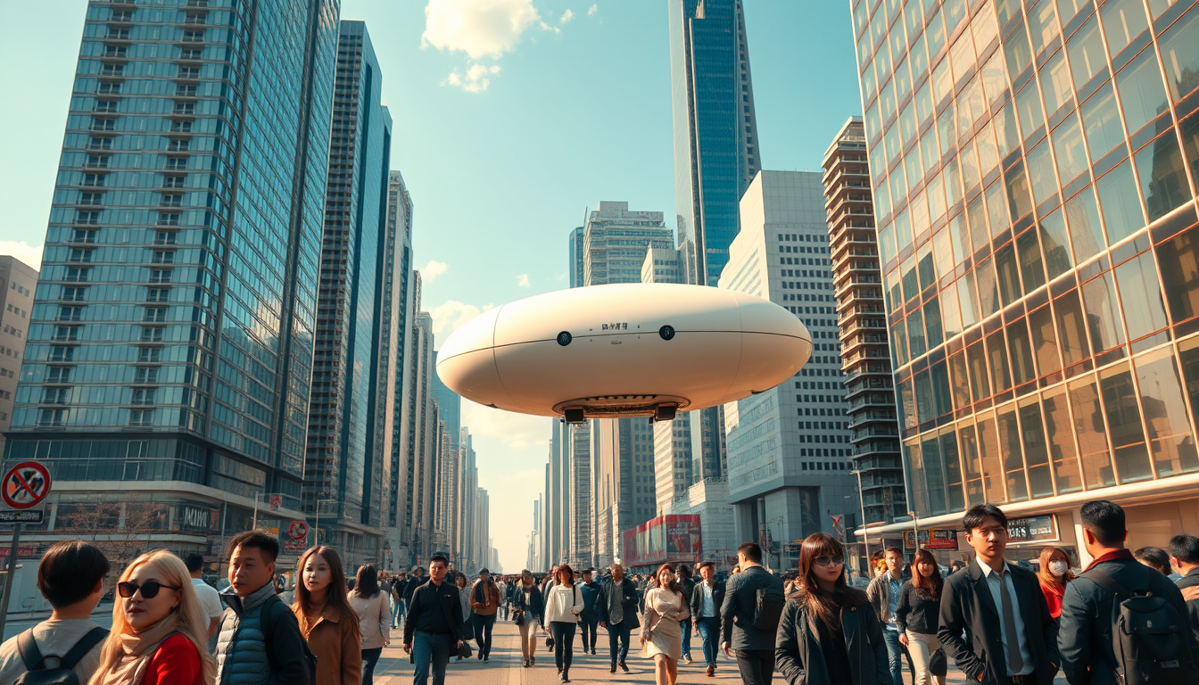 Create a stunning high-resolution image of a futuristic city. The skyline should be covered with towering skyscrapers. Include a light-colored elliptical balloon-type robot hurtling through the air with tiny black balancers on either side of the balloon. The streets should be bustling with people, featuring Asian faces, and individuals dressed in fashion-forward styles. Highlight the small balloon-type robot as it performs its rounds in the sky, while beautiful sunlight reflects off the glass surfaces of the buildings, creating an atmosphere of excitement and innovation. Very sharp and realistic details, 32K. - Image