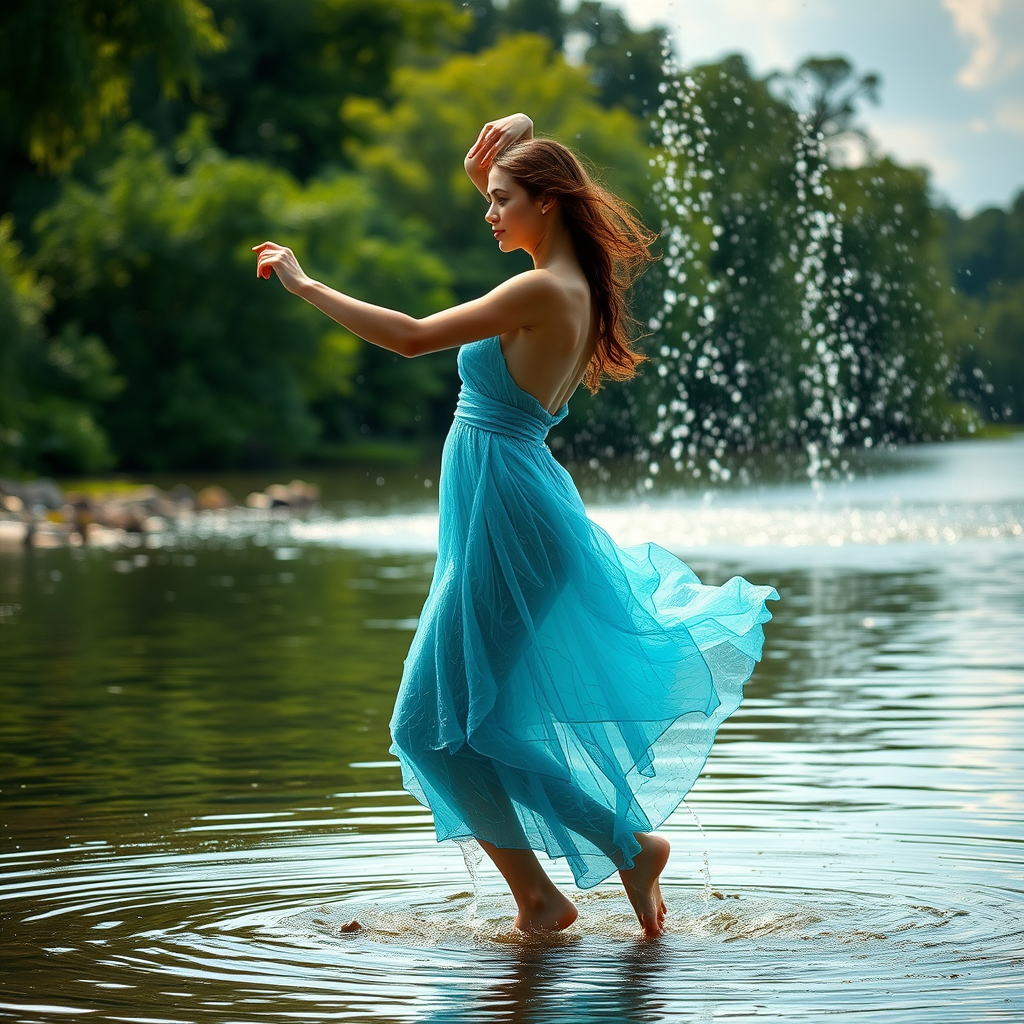 Riverside, dancing woman wearing a dress made of water, side view, full body view, strong light falls on her, water pours from the sky.