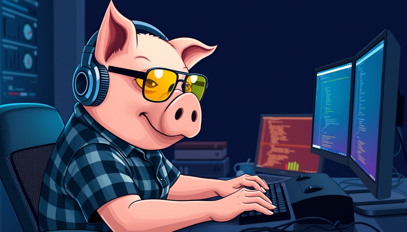 A tech-savvy pig coder, wearing yellow-tinted glasses and sleek noise-cancelling headphones, hunches over a cutting-edge multi-monitor setup. The anthropomorphic pig exudes focus, typing furiously. Dressed in a plaid t-shirt. - Image