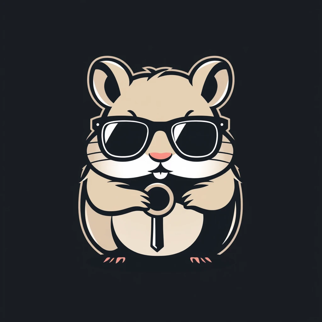 Minimalistic vector art logo of a hamster wearing darkened glasses and holding a key, with a dark background, bold lines, simple shapes, and a strong silhouette. - Image