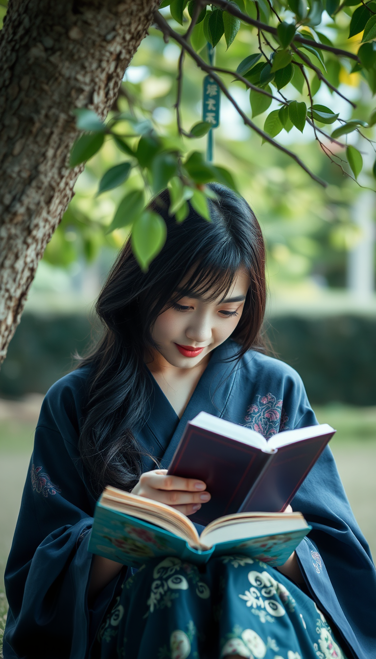 A beautiful Japanese woman is reading a book under a tree. - Image