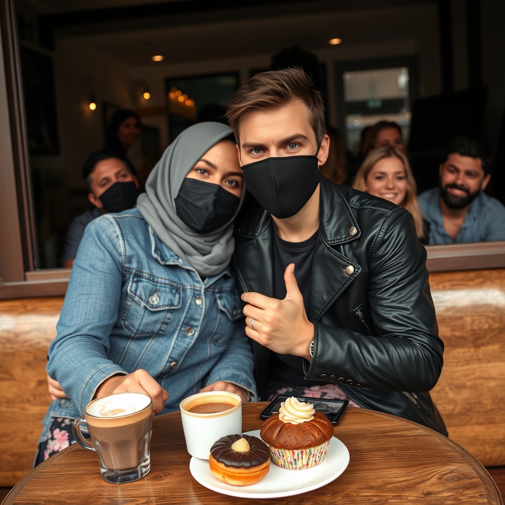 Jamie Dornan's head and body shot, handsome, black face mask, blue jeans jacket, jeans, dating a Muslim girl in a grey hijab, beautiful eyes, black face mask, black leather jacket, biggest floral skirt, at a café, two cups of latte, muffin cake, chocolate donut on a table, with another four friends smiling in the back, photorealistic, hyper-realistic, street photography, selfie.