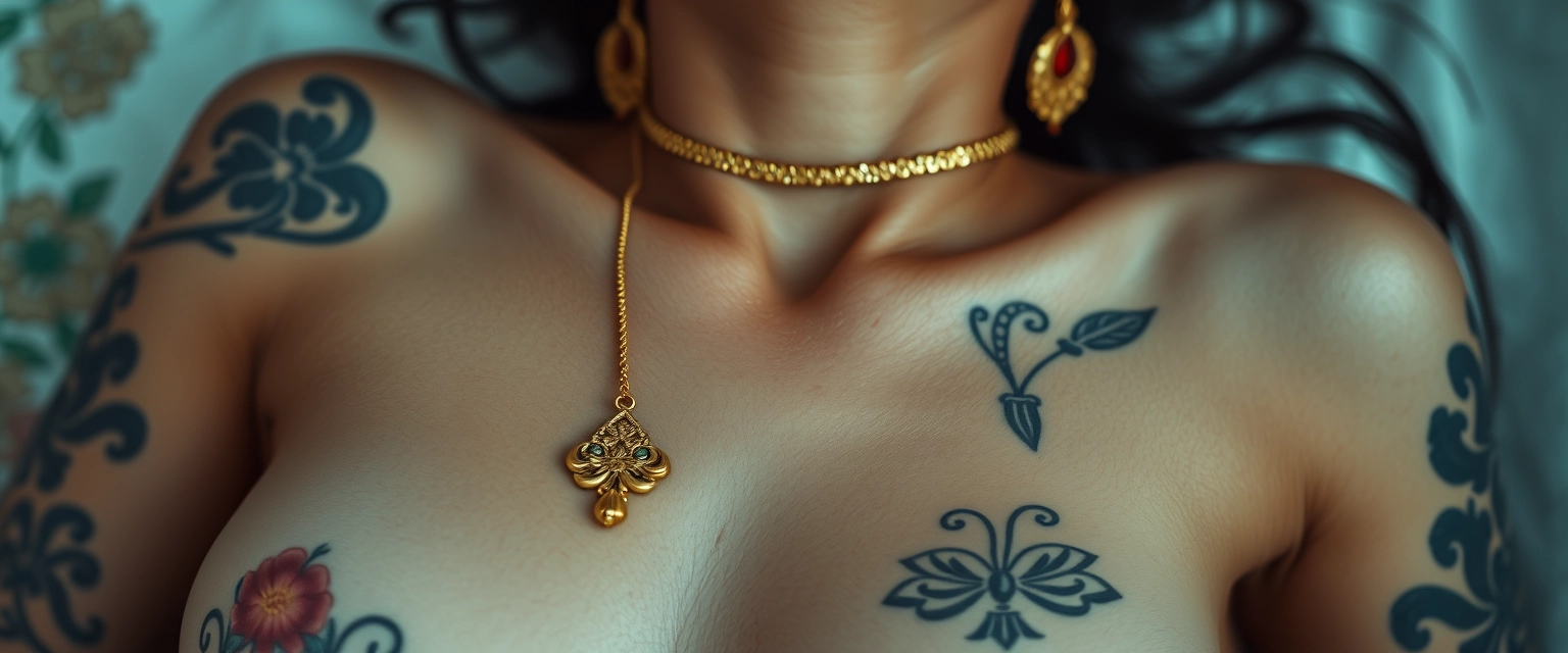 Close-up view of the tattooed chest of a Korean-Indian woman with white skin, beautiful facial features, and blue eyes, wearing gold ornaments and looking upward while lying down.