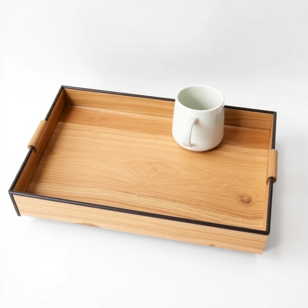 A tray with a simple structure, ingeniously combined with iron and wood materials, presenting charming colors of log color and champagne gold, placed in front of a white background --ar 16:9.