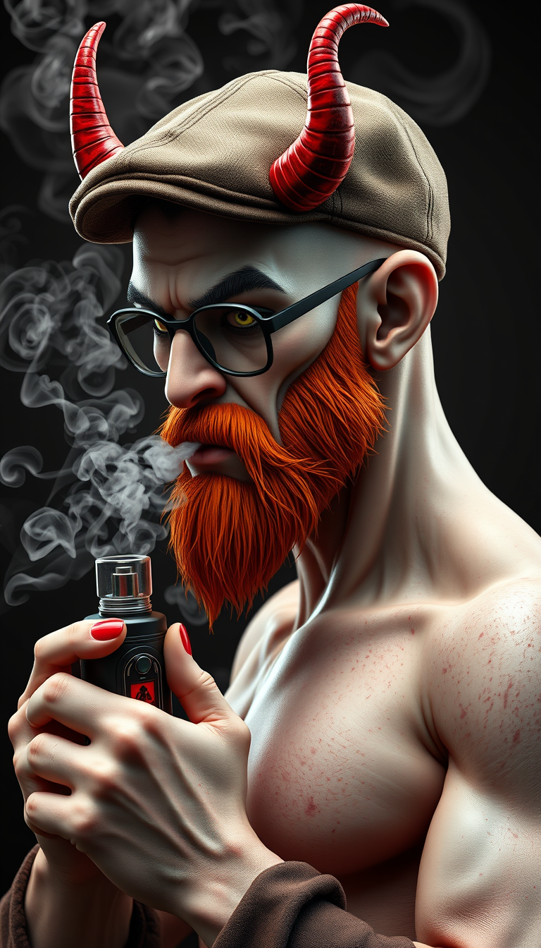 Three-quarter view of a sinister, bald human male with necromancer lich features. Demonic horns, short fiery ginger beard contrasts with dark eyebrows. Wears a weathered flat cap and aviator glasses. Clutches a sleek vape mod, exhaling dense, swirling vapor clouds. Vibrant, e-liquid drips off his pale skin, creating a colorful aura. 3D render.