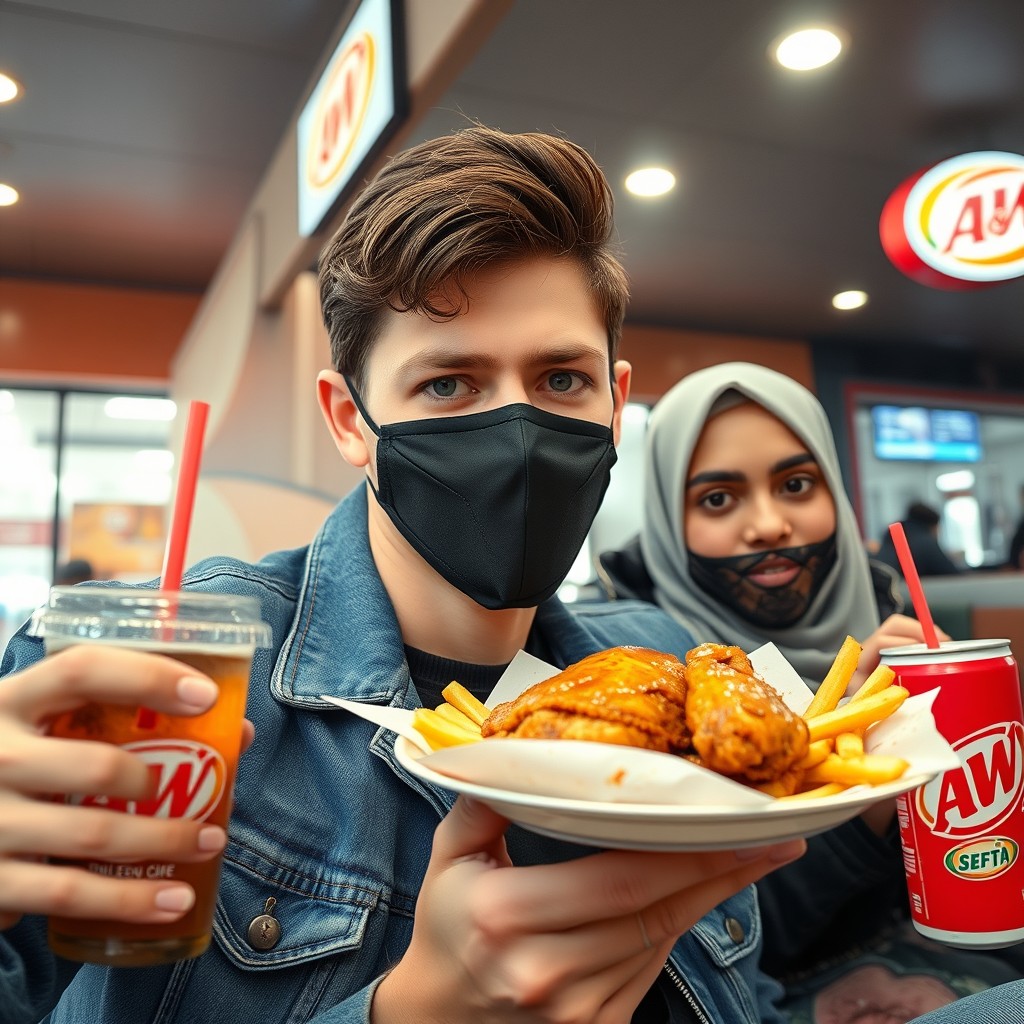 Jamie Dornan's head and body shot, handsome, young, black face mask, blue jeans jacket, jeans, dating a Muslim girl in a grey hijab, beautiful eyes, black face mask, black leather jacket, the biggest floral skirt, at an A&W fast food restaurant, plate of Korean fried chicken and fries, A&W soft drink, photorealistic, hyper-realistic, street photography, selfie. - Image