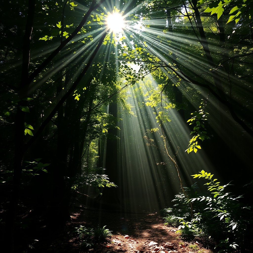 A sunlit forest where the beams of light pierce through the layers of leaves, creating sharp contrasts of light and shade. The light catches the dewdrops on the leaves, making them sparkle like diamonds. The forest floor is a mixture of bright patches and cool shadows. --q 2 --v 5 - Image