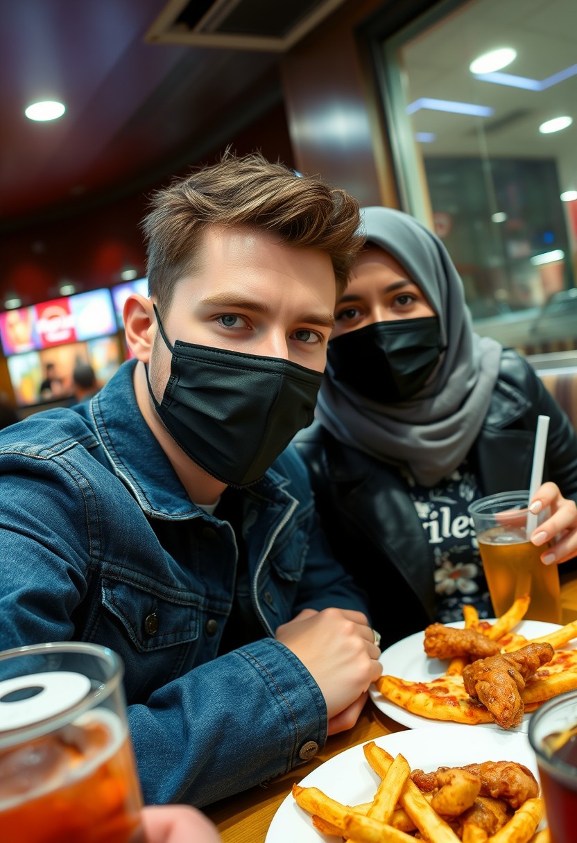 Jamie Dornan's head and body shot, handsome, young, black face mask, blue jeans jacket, jeans, dating a Muslim girl in a grey hijab, beautiful eyes, black face mask, black leather jacket, biggest floral skirt, at a fast food restaurant, plate of cheese pizza slice, plate of Korean fried chicken and fries, glass of soft drink, photorealistic, hyper-realistic, street photography, selfie.