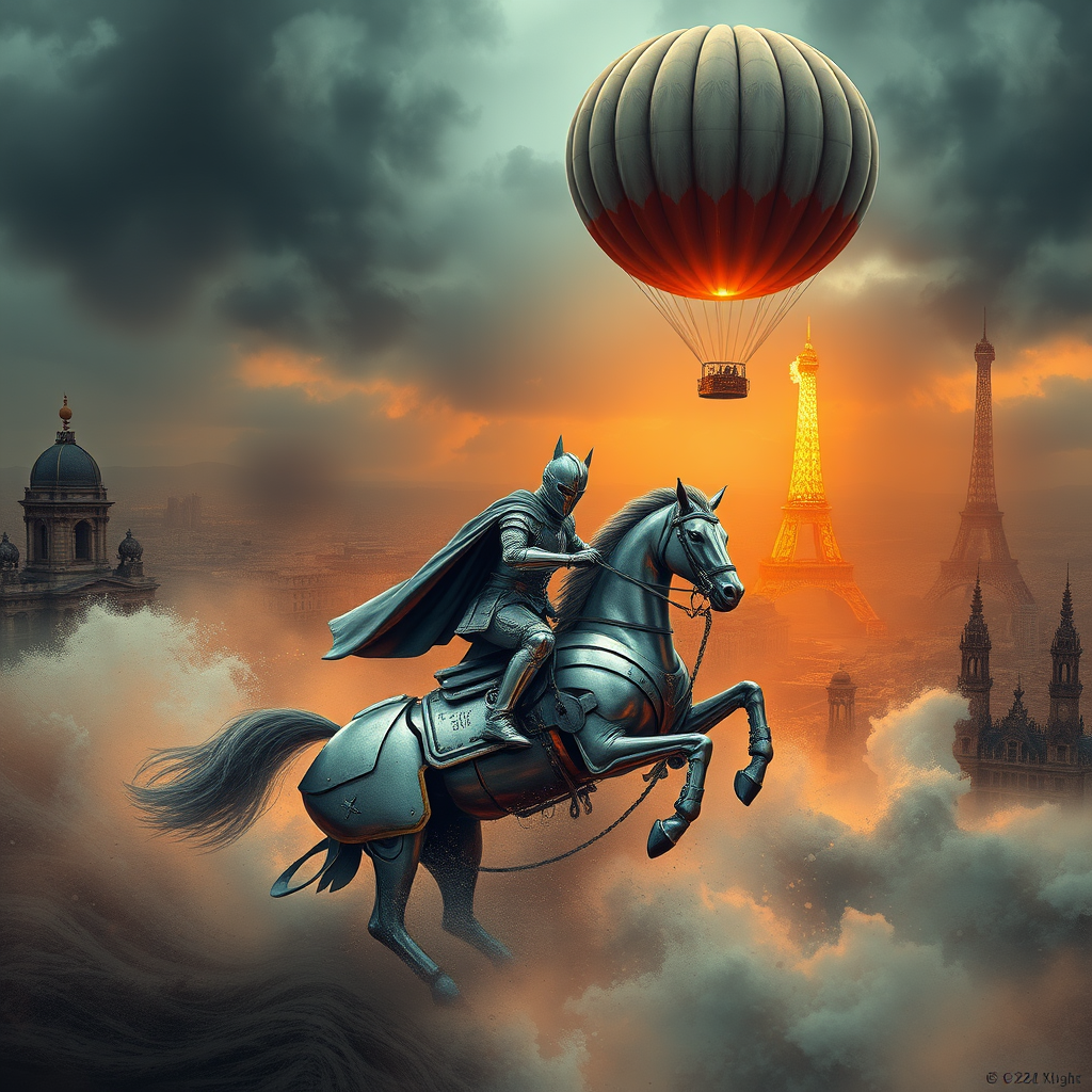 Giant air balloon above in the sky with a giant flame underneath, floating over vintage Paris in the style of the universal exhibition of 1900, retro-futuristic aesthetic. Giant waves flood the city as a knight of the apocalypse rides a silver mechanical horse clad in silver armor, galloping and slicing through the water beneath a stormy sky. Doomsday, apocalypse, steampunk, backlight, mist and fire ambers perspective, pop rock, fluo collage, sci-fi steampunk machinery, extra dust particle cloud, octane render, and paper art ink art reminiscent of Méliès and Jules Verne.