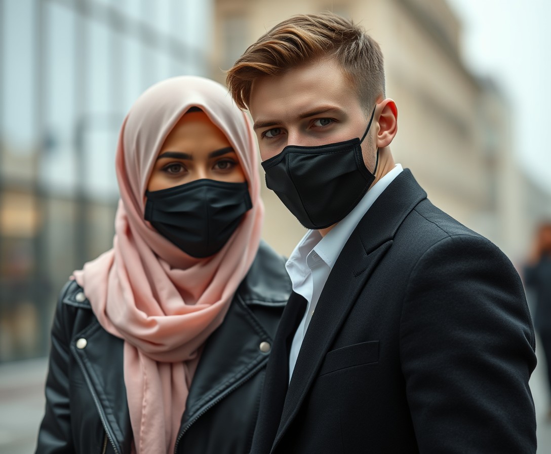 Jamie Dornan's head and body shot, handsome, young, face mask black, white shirt half buttoned, black coat suit, dating love with the biggest soft pink hijab girl, beautiful eyes, black leather jacket, face mask black, biggest floral skirt, hyper realistic, street photography. - Image