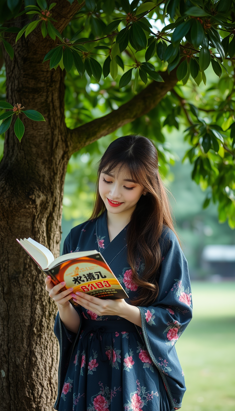 A beautiful Japanese woman is reading a book under a tree.