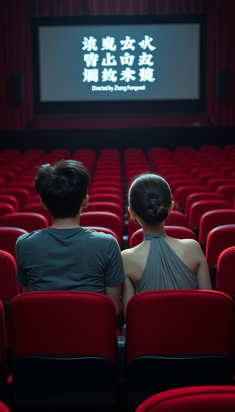 In a dimly lit theater, a young Chinese man and woman sit in seats watching a movie, the boy in a gray short-sleeved T-shirt, the girl with white skin, wearing a halter dress and a hairpiece, the seats in the theater are all red, and on the big screen in the theater, it clearly writes, "Directed by Zhang Fengwei," back view, extremely realistic.