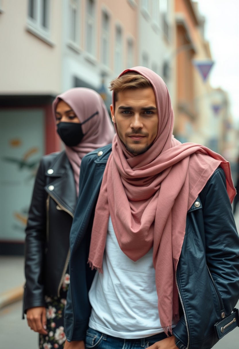 Jamie Dornan's head and body shot, handsome, young, shaved, white T-shirt, blue jacket, jeans, dating love with the biggest soft pink hijab, black leather jacket, black face mask, biggest floral skirt, hyper-realistic, street photography.